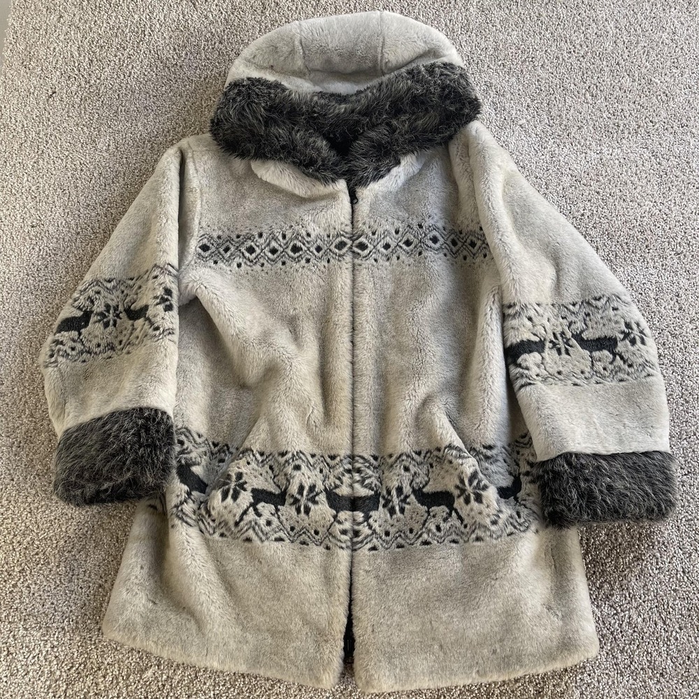 Nordic Lights Coat Womens Large Gray Faux Fur Hooded Fair Isle Reindeer Parka